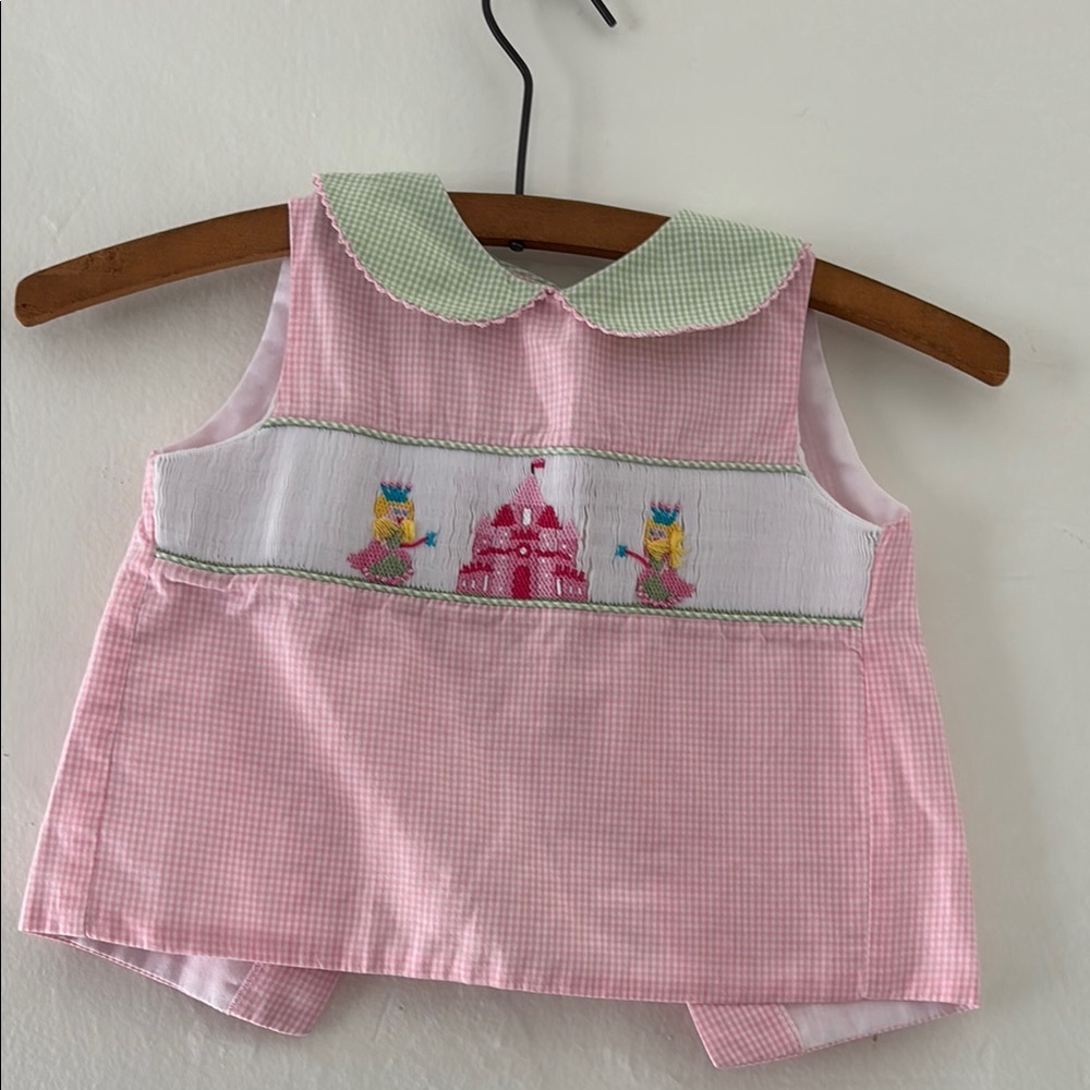 Pink & Green Gingham Smocked Kids Set with Collar - Princess Detail